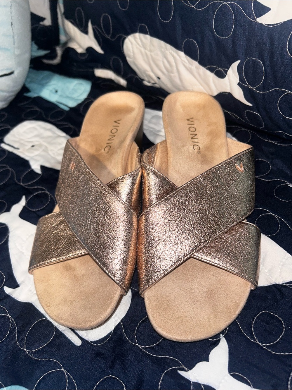 Vionic Rose Gold Crisscross Slide Mules